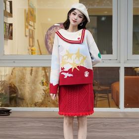 两三事 红樱星辰2024冬季新款复古星星图案毛织两件套女时尚套装