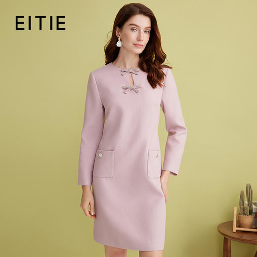 EITIE爱特爱精致优雅小香风直筒显瘦蝴蝶结粉色连衣裙2025春新款A2507519 商品图0
