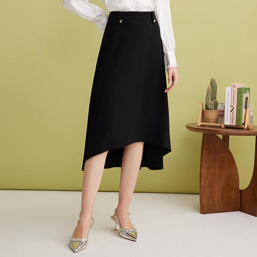 EITIE爱特爱通勤显瘦时尚高腰黑色伞裙前短后长半身裙2025春新款A2506519 商品图1
