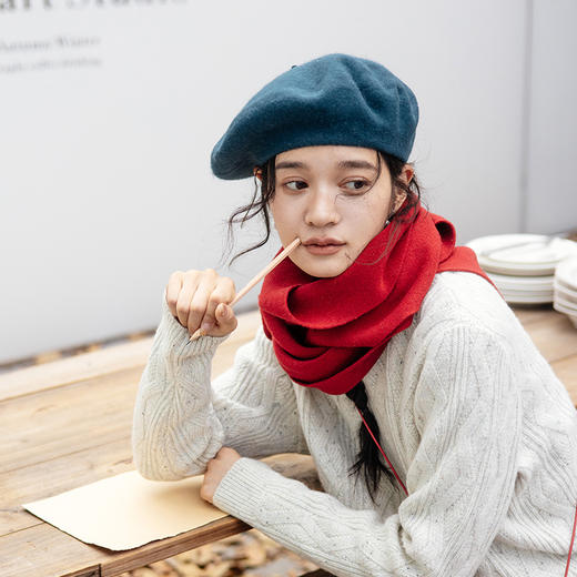 绽放JS159朵/冬季100%绵羊毛复古纯色针织叠带百搭保暖长条围巾 商品图0