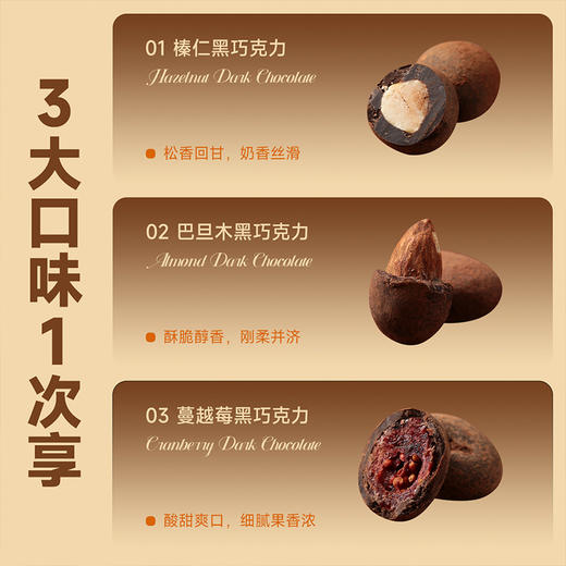 西域美农  缤纷巧乐汇果仁夹心黑巧克力豆268g（三口味组合榛仁巧克力、巴旦木巧克力、蔓越莓巧克力） 商品图1