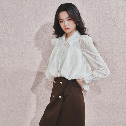 精致优雅百搭蕾丝泡泡袖修身上衣24冬 商品图0