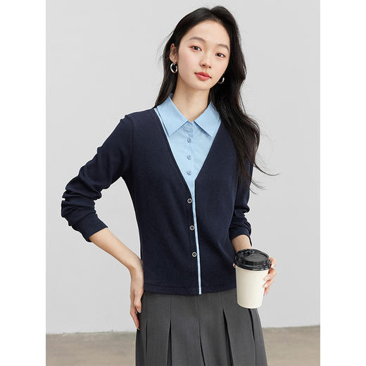 【1件8折】熙世界法式优雅学院风POLO领上衣拼接假两件衬衫女2025早春新款 商品图3