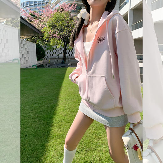 <曾小咸推荐>慵懒风浅粉色连帽长袖卫衣外套 商品图2