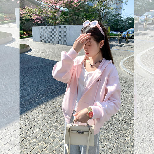 <曾小咸推荐>慵懒风浅粉色连帽长袖卫衣外套 商品图4