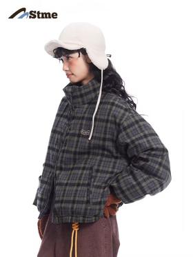 早乙女惠子saotome/STMMF244480/日系复古休闲肌理格纹立领棉服