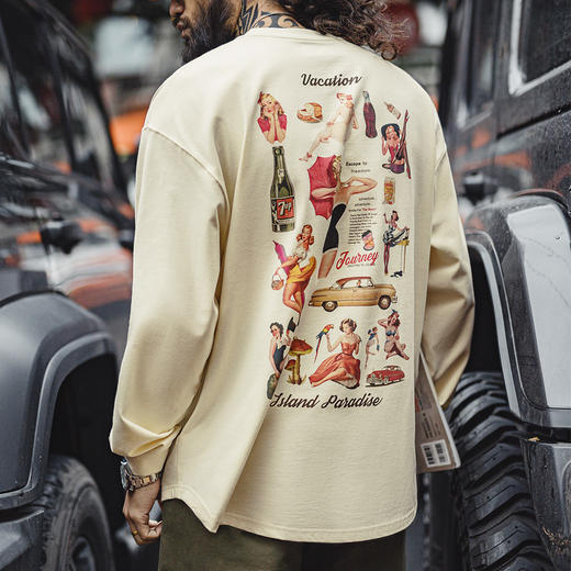 工装优选 美式复古印花长袖T恤宽松休闲纯棉圆领打底衫上衣男秋冬 商品图0