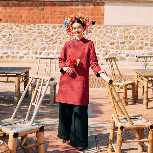 绽放001朵/冬季砂洗亚麻撞色盘扣年服新中式中长款棉服长袖连衣裙 商品图0