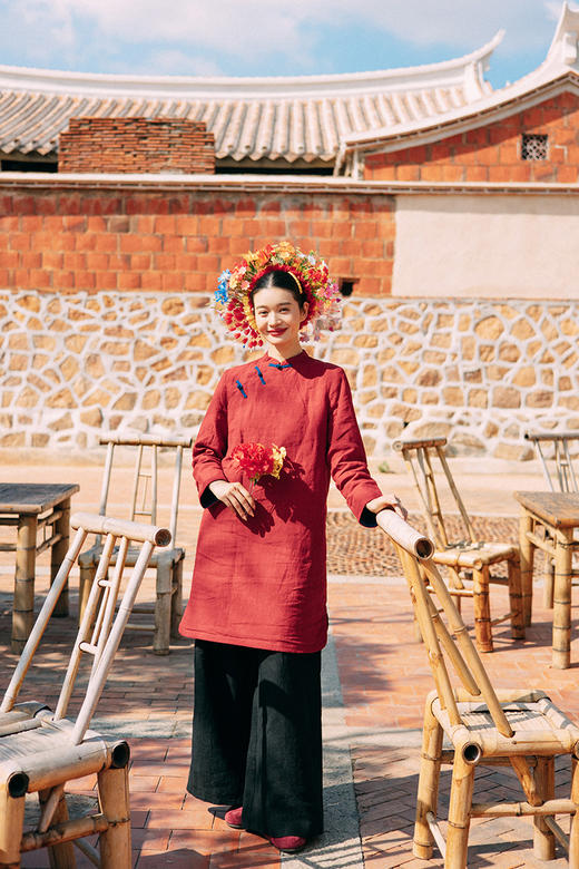 绽放001朵/冬季砂洗亚麻撞色盘扣年服新中式中长款棉服长袖连衣裙 商品图5