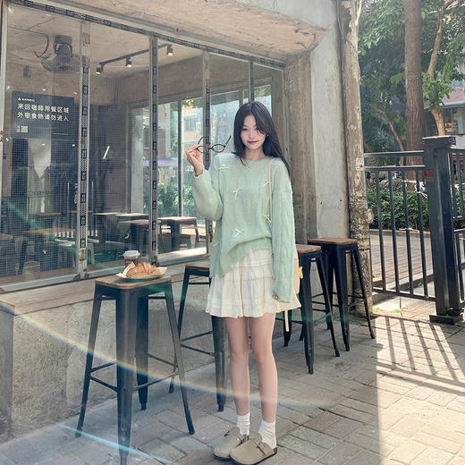 <曾小咸推荐>宽松套头蝴蝶结设计浅绿色针织衫 商品图3