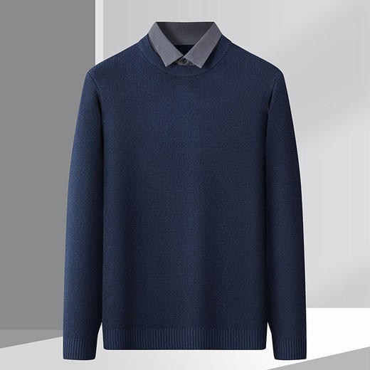 【提花华夫格】罗蒙秋冬男士假两件衬衫领针织衫百搭舒适男士衬衫长袖衬衫男 商品图1