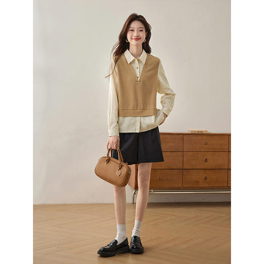 【1件75折】熙世界法式假两件条纹衬衫女春季2025新款设计感长袖拼接针织上衣 商品图4