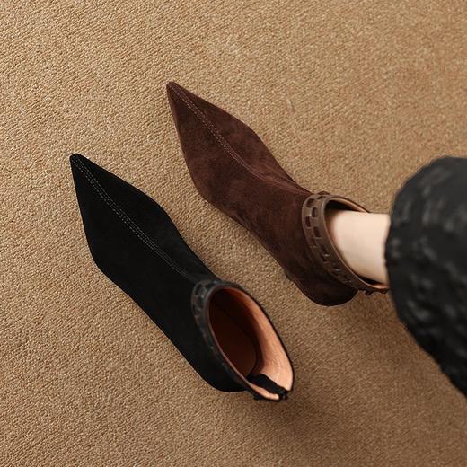 【预售5天】秋冬新款羊翻皮编织尖头瘦瘦时装靴高跟鞋配裙子加绒细跟短靴女SLLK&sl-7813 商品图1