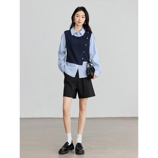 【1件75折】熙世界不规则条纹衬衫领假两件卫衣女设计感别致上衣2025春秋新款 商品图4