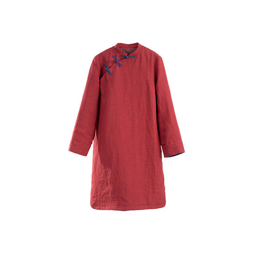 绽放001朵/冬季砂洗亚麻撞色盘扣年服新中式中长款棉服长袖连衣裙 商品图4