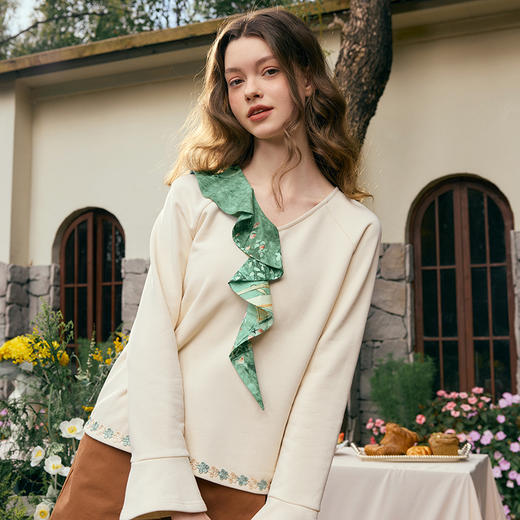 两三事 碧漾春事 2025春季新款小清新印花荷叶边拼接t恤女宽松 商品图1