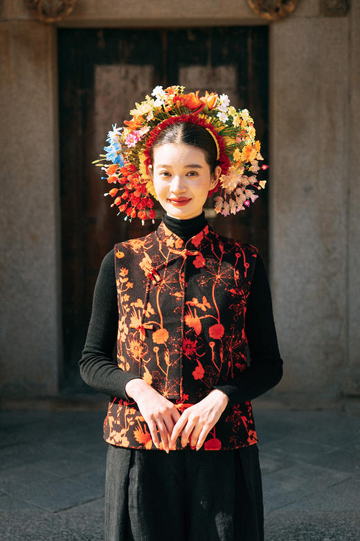 绽放旅行女装019朵/羊毛橘黑印花双面呢古典文艺新中式年服马甲 商品图5