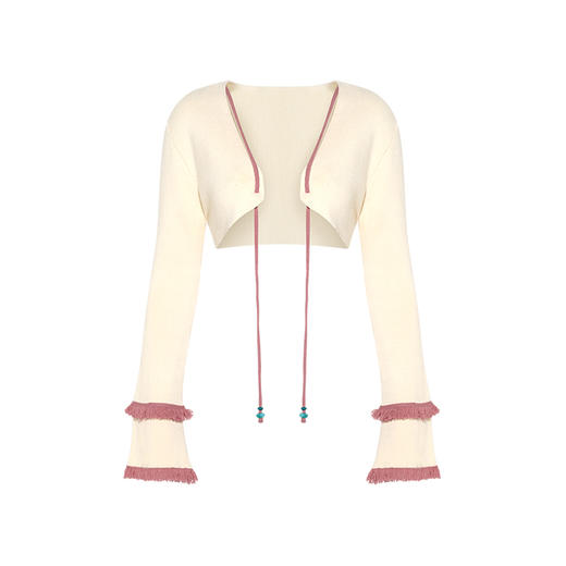 两三事 如梦人间 2025春季新款甜美拼色流苏绑带短款针织开衫女 商品图4