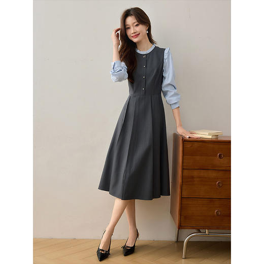 【1件75折】熙世界假两件木耳边长袖连衣裙女2025春新款通勤上班气质显瘦裙子 商品图3