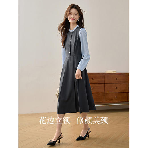 【1件75折】熙世界假两件木耳边长袖连衣裙女2025春新款通勤上班气质显瘦裙子 商品图1