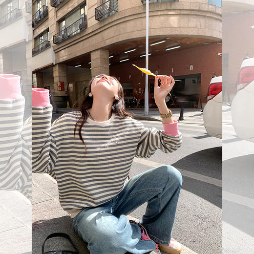 <曾小咸推荐>设计感慵懒粉色袖口灰杏条纹卫衣 商品图1