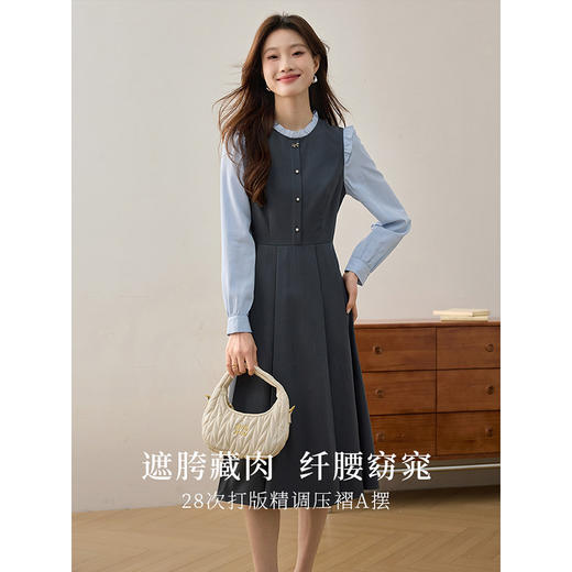 【1件75折】熙世界假两件木耳边长袖连衣裙女2025春新款通勤上班气质显瘦裙子 商品图0