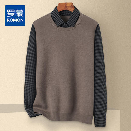 罗蒙男士秋冬复古假两件针织衫男毛衣时尚通勤休闲百搭男衬衫 商品图0