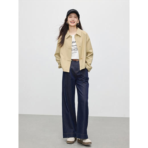 【专属特价】熙世界卡其色短款风衣女2025春秋新款气质英伦风翻领休闲夹克外套 商品图4