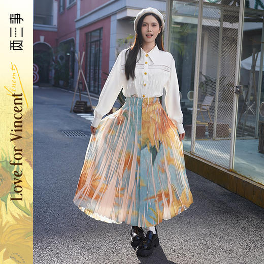 两三事梵高文艺 炽葵绮绘 2025春季新款复古向日葵印花高腰半身裙 商品图0