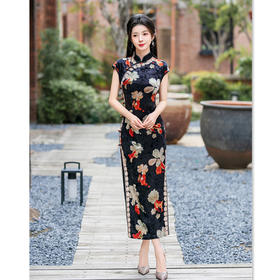 SYK786015复古中国风长款丝绒花边连袖旗袍2024冬新款中老年女士旗袍