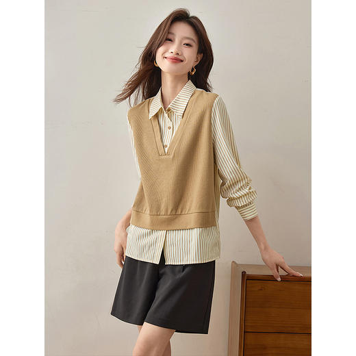 【1件75折】熙世界法式假两件条纹衬衫女春季2025新款设计感长袖拼接针织上衣 商品图2