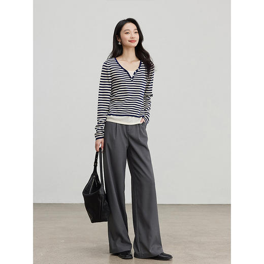 【专属特价】熙世界设计感假两件条纹针织衫女2025春秋长袖含羊毛显瘦毛衫上衣 商品图4