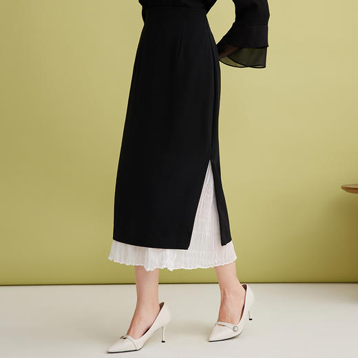 EITIE爱特爱设计感假两件压褶包臀直筒高腰撞色半身裙春新款A2506503 商品图2