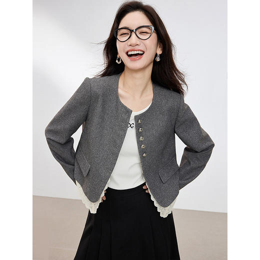 【专属特价】熙世界灰色小香风外套女短款2025春秋新款高级感蕾丝拼接气质上衣 商品图2