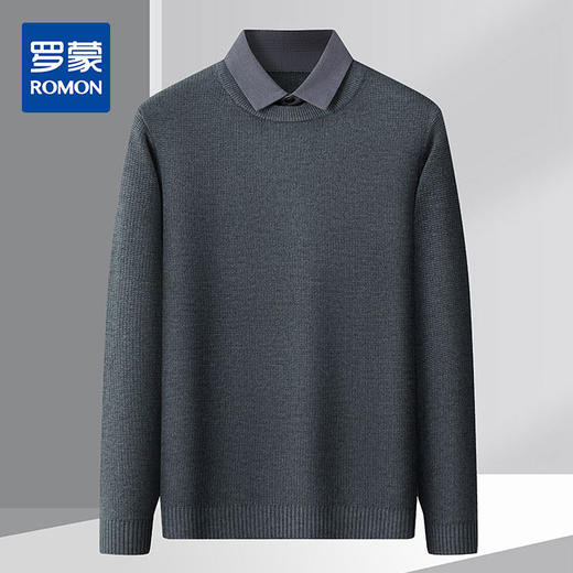 【提花华夫格】罗蒙秋冬男士假两件衬衫领针织衫百搭舒适男士衬衫长袖衬衫男 商品图0