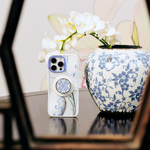 【灵蛇之珠】如意卷草 POPGRIP泡泡骚手机粘贴式气囊支架 Enamel金属珐琅系列 青花瓷 蓝色 国风 商品图2