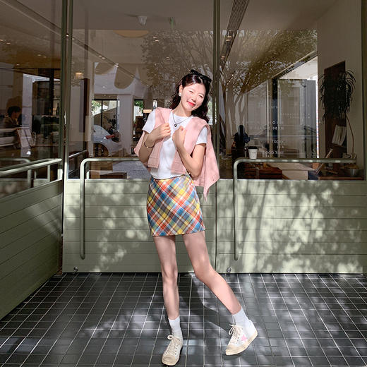 <曾小咸推荐>多巴胺look针织开衫格子半裙 商品图3