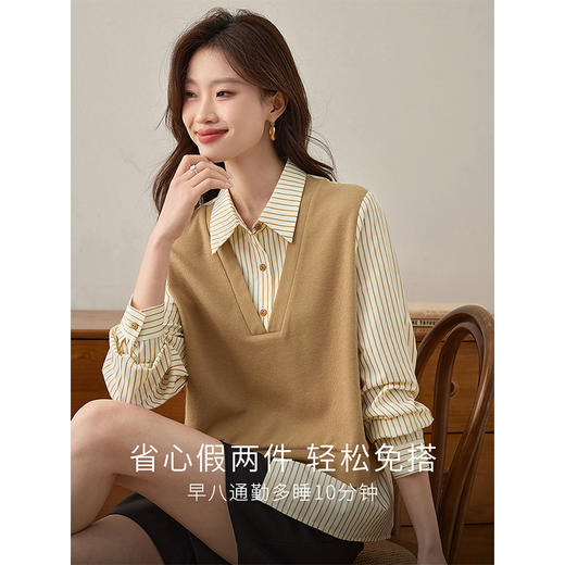 【1件75折】熙世界法式假两件条纹衬衫女春季2025新款设计感长袖拼接针织上衣 商品图1