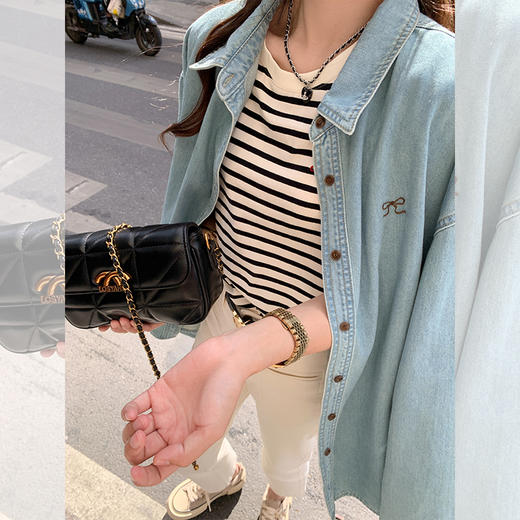 <曾小咸推荐>蝴蝶结小刺绣黑杏条纹圆领短袖T恤 商品图4