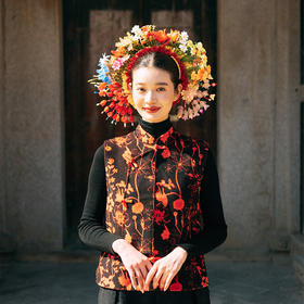 绽放旅行女装019朵/羊毛橘黑印花双面呢古典文艺新中式年服马甲
