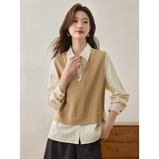 【1件75折】熙世界法式假两件条纹衬衫女春季2025新款设计感长袖拼接针织上衣 商品图3