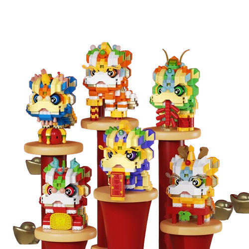 春节舞狮醒狮国潮拼装积木儿童玩具蛇年吉祥物新年礼物 商品图4