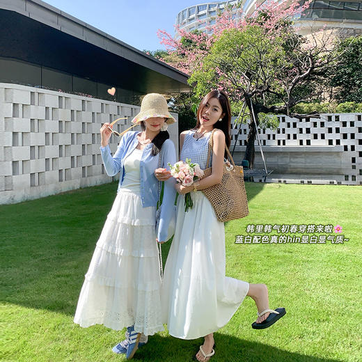 <曾小咸推荐>蓝色格子背心白色半裙蓝色开衫 商品图1