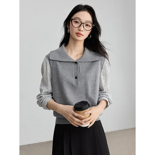 【1件75折】熙世界法式学院风假两件针织衫女2025春新款条纹长袖拼接翻领上衣 商品图3