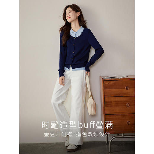 【五折购】熙世界气质时尚撞色翻领假两件针织衫女2025春秋新款长袖毛衫上衣 商品图2