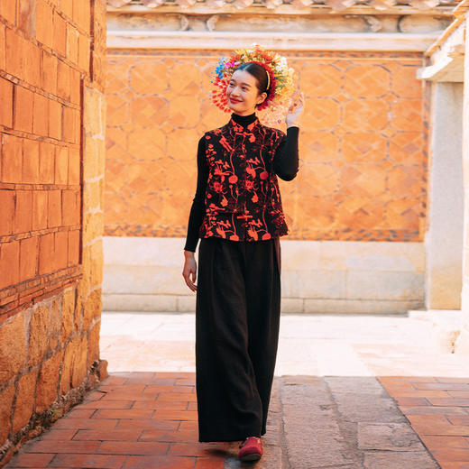 绽放旅行女装019朵/羊毛橘黑印花双面呢古典文艺新中式年服马甲 商品图2