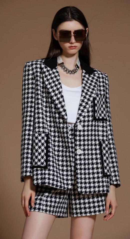 黑白千鸟格黑领撞色西装外套 商品图0