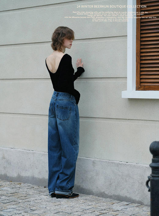 [特价]法式雅痞调水洗蓝高腰宽松直筒牛仔裤 深蓝色 多尺码可选 商品图0