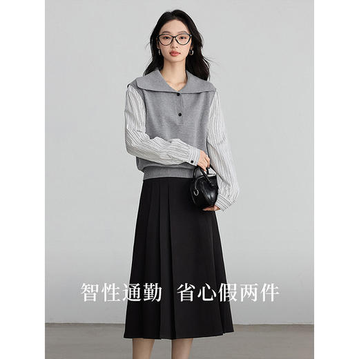 【1件75折】熙世界法式学院风假两件针织衫女2025春新款条纹长袖拼接翻领上衣 商品图1