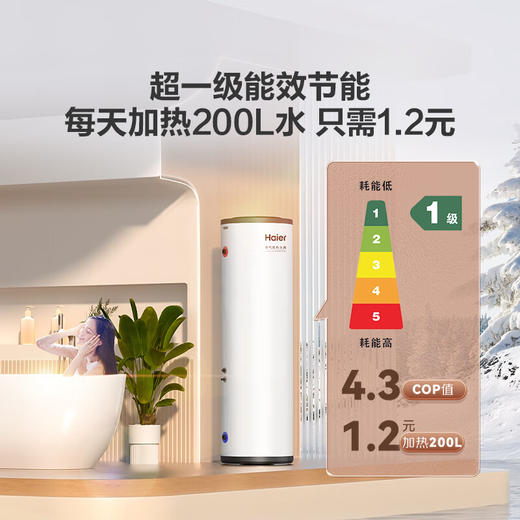 海尔（Haier）空气能热水器200升超一级能效变频省电高效速热1.5匹电辅80℃高水温R32冷媒 KF200-A2F7AU1 商品图2